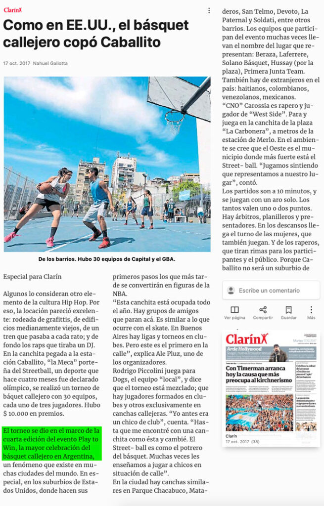 Play to Win Streetball en Diario Clarín